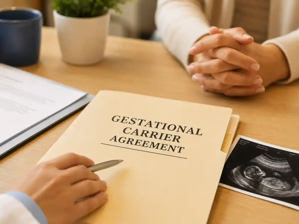 Gestational carrier agreement folder on clinic desk for Kim Kardashian surrogate journey explained — intake paperwork and ultrasound printout context