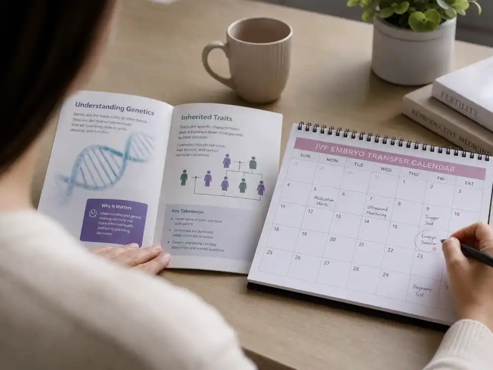 Genetics and inherited traits pamphlet on desk for Kim Kardashian surrogate journey explained — gestational carrier uses intended parents embryos not carrier DNA
