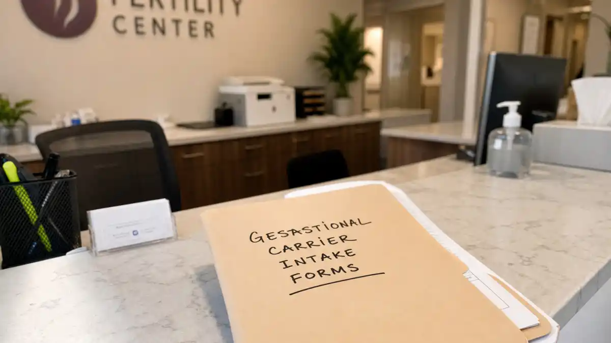 Kim Kardashian surrogate journey explained — gestational carrier intake forms folder on fertility clinic reception desk with professional medical setting