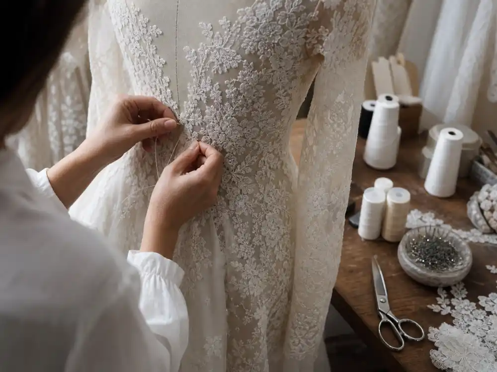 Givenchy Paris atelier hands stitching ivory lace onto Kim Kardashian wedding dress Givenchy long-sleeve couture bodice on dress form