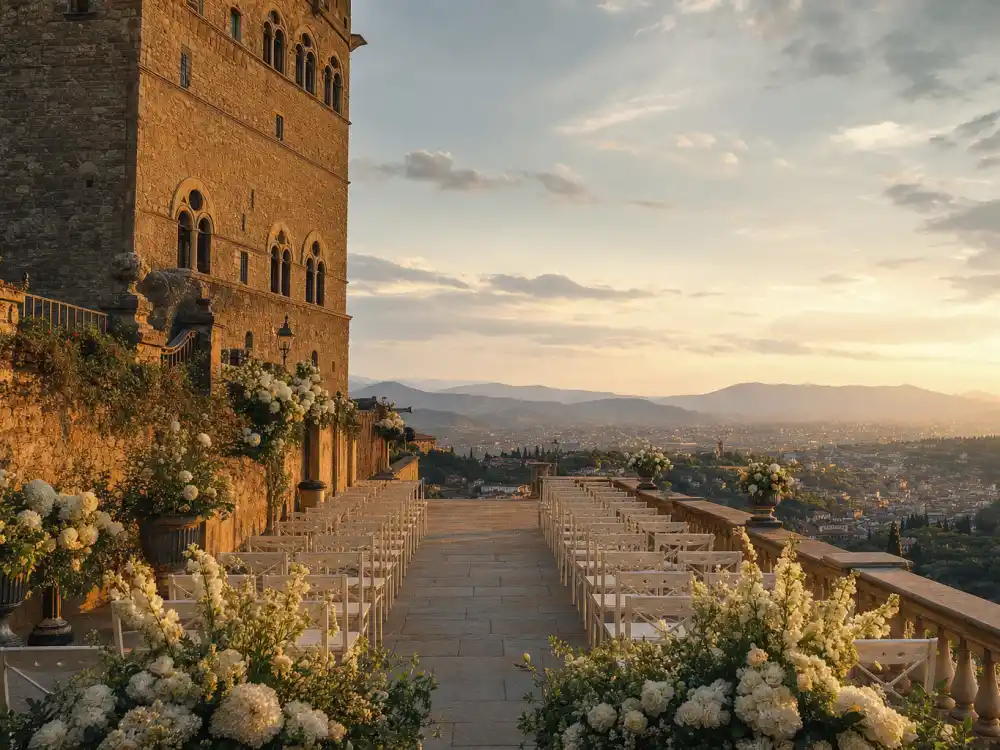 Forte di Belvedere Florence terrace at golden hour where Kim Kardashian wedding dress Givenchy made its May 24 2014 ceremony debut