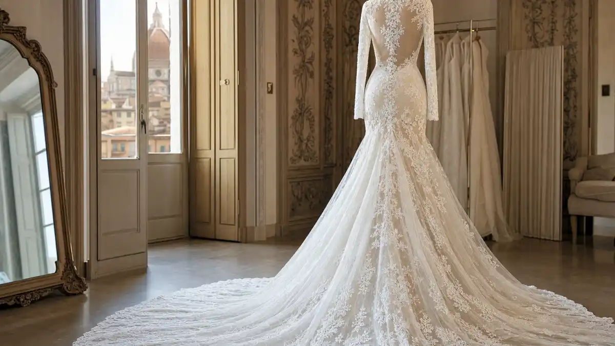 Kim Kardashian wedding dress Givenchy — ivory long-sleeve lace couture gown on mannequin with Florence cathedral skyline through palazzo window