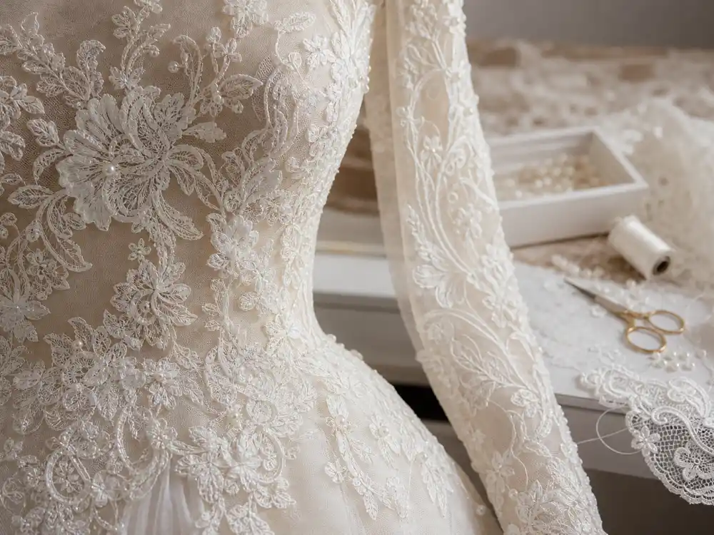 French Chantilly lace appliqué and hand-stitching detail central to Kim Kardashian wedding dress Givenchy couture bodice construction