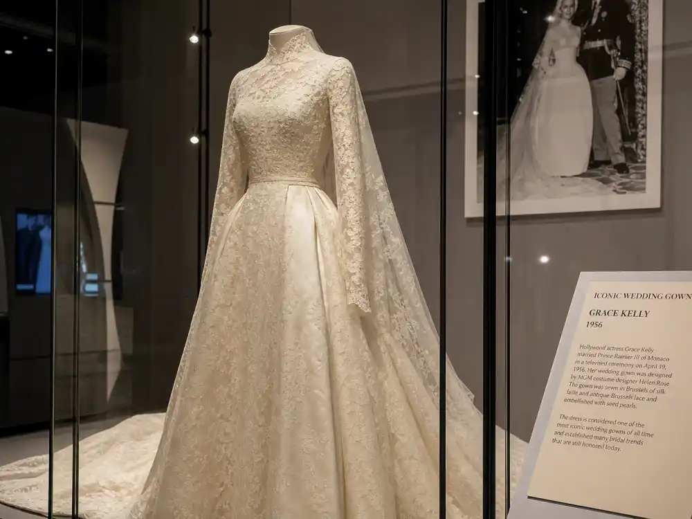Fashion museum glass case preserving Kim Kardashian wedding dress Givenchy legacy as celebrity bridal fashion history landmark