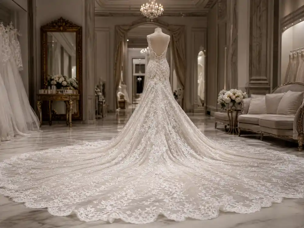 Cathedral lace train on Kim Kardashian wedding dress Givenchy ivory gown viewed from behind in luxury bridal salon