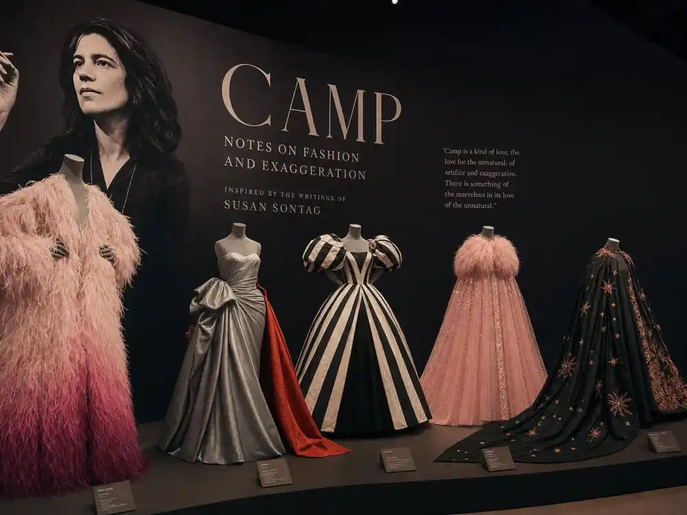 Camp fashion exhibition display framing the 2019 Met Gala theme that inspired the Kim Kardashian wet dress Met Gala theatrical silhouette