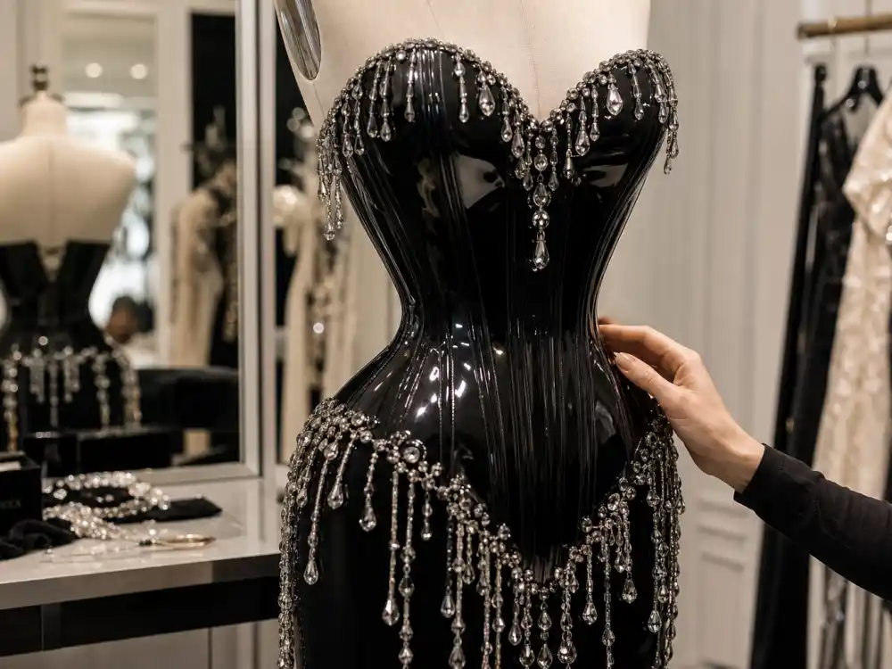 Extreme cinched waist corset construction on dress form central to the Kim Kardashian wet dress Met Gala Thierry Mugler body sculpture