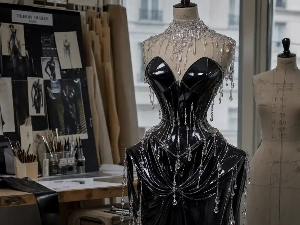 Thierry Mugler couture atelier craftsmanship behind the Kim Kardashian wet dress Met Gala dripping latex corset on dress form