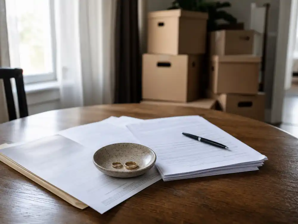 Legal papers and moving boxes for Kim Zolciak divorce and financial struggles chapter