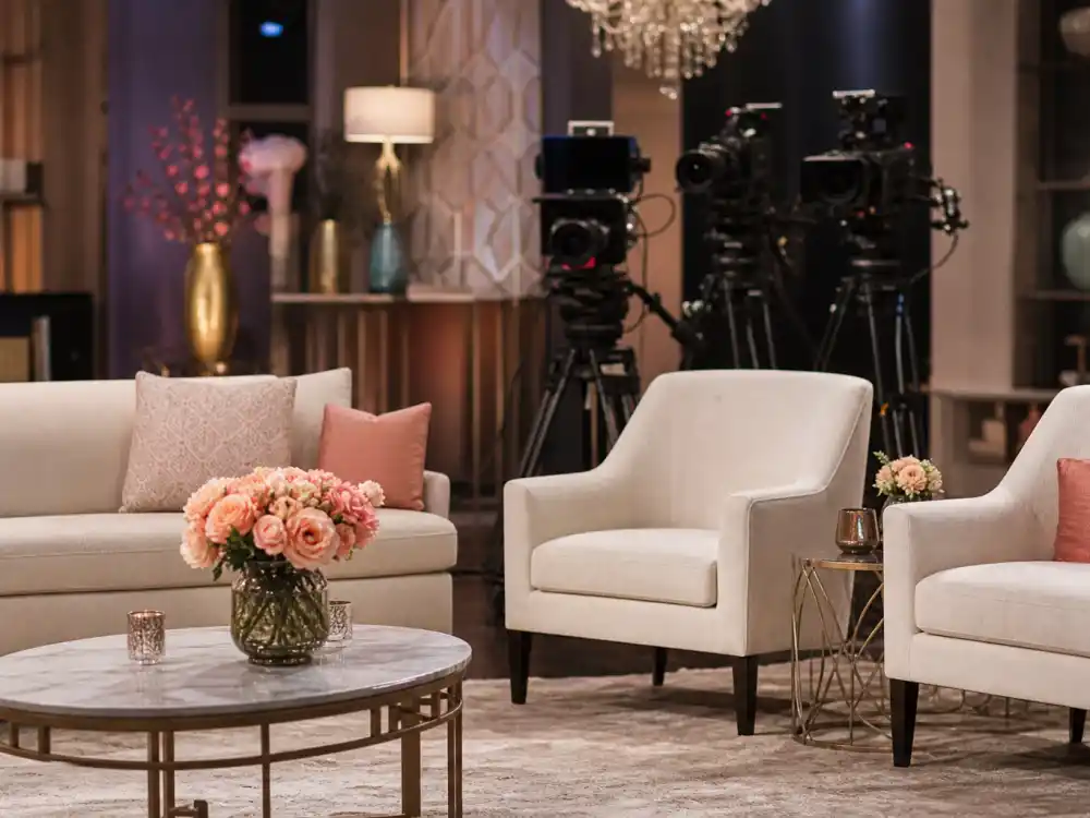Bravo-style reunion living room set for where is Kim Zolciak now during peak RHOA fame