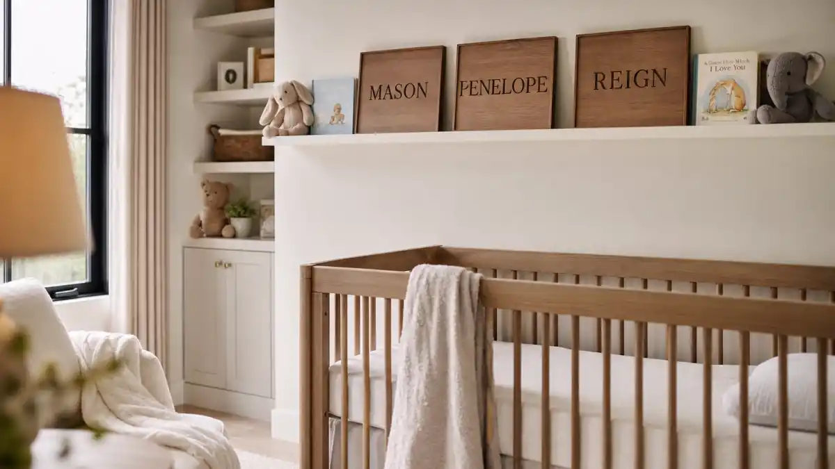 Kourtney Kardashian kids Mason Penelope Reign — luxury nursery with MASON PENELOPE REIGN name plaques and crib without faces