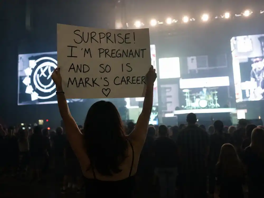 Concert arena pregnancy sign reveal echoing All the Small Things for Kourtney Kardashian pregnancy journey Barker June 2023 Blink-182 moment
