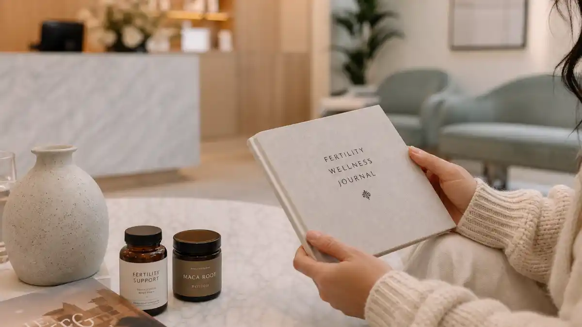 Kourtney Kardashian pregnancy journey Barker — fertility wellness journal and supplements symbolizing IVF and Poosh wellness arc before natural conception