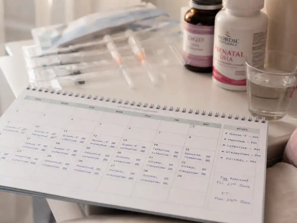 IVF medication calendar and fertility treatment supplies documenting the Kourtney Kardashian pregnancy journey Barker IVF chapters on The Kardashians