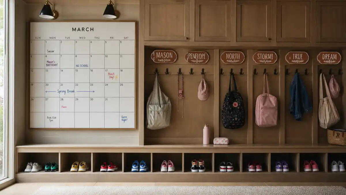 Kris Jenner grandchildren complete list — family calendar wall with multiple name plaques and rows of grandkids shoes without faces
