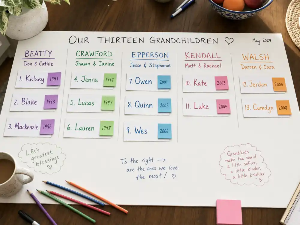 Thirteen grandchild name cards on family chart for Kris Jenner grandchildren complete list verified by People and Us Weekly