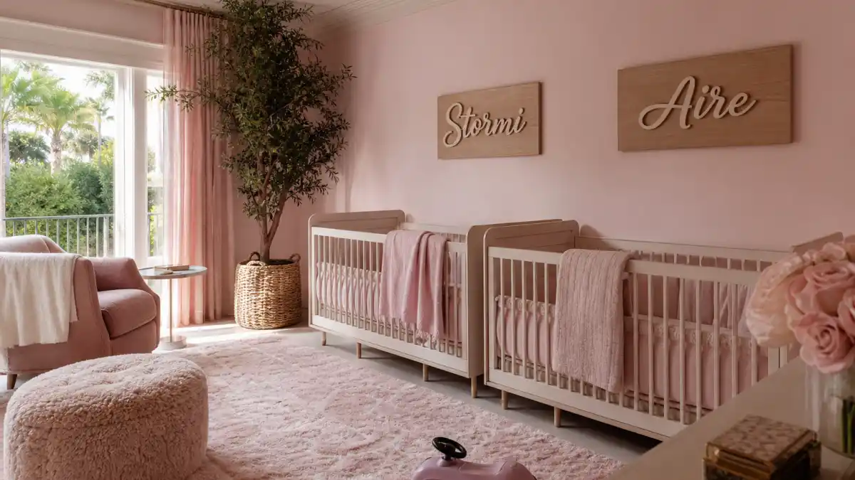 Kylie Jenner kids names and ages — luxury pink nursery with Stormi and Aire name plaques and twin cribs without faces
