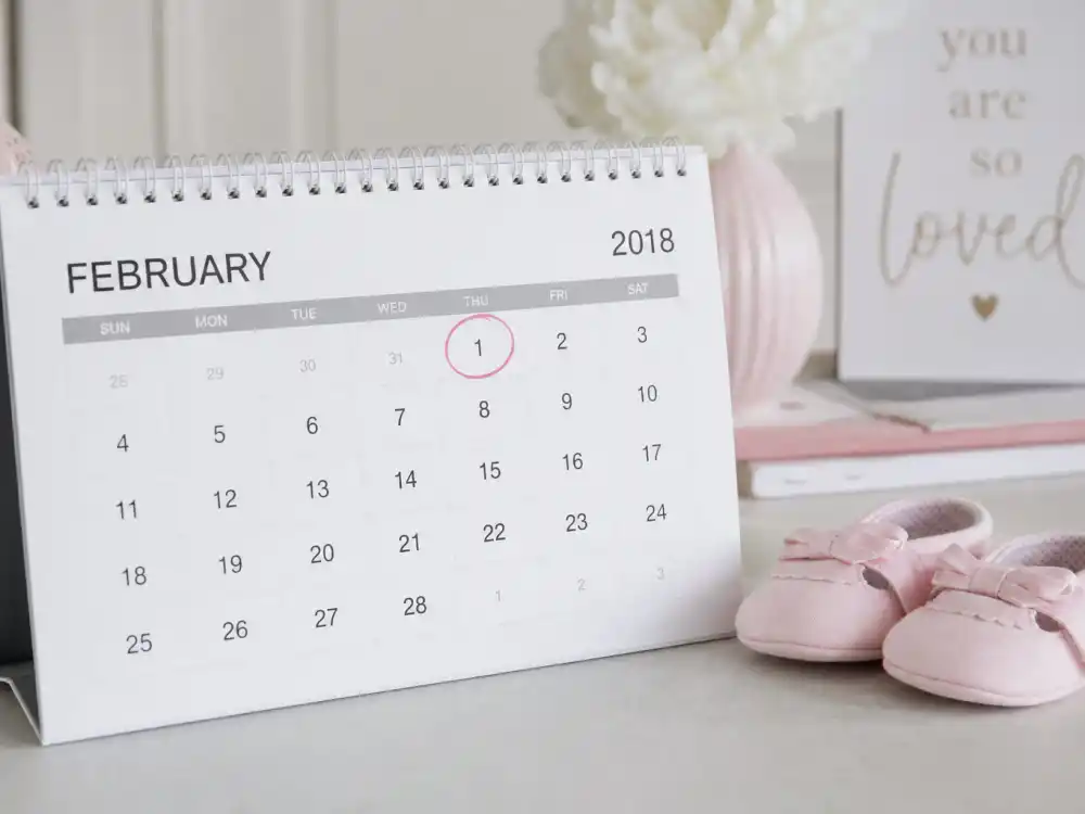 February 1 2018 calendar with pink baby shoes for Kylie Jenner kids names and ages — Stormi Webster birth date verified by People