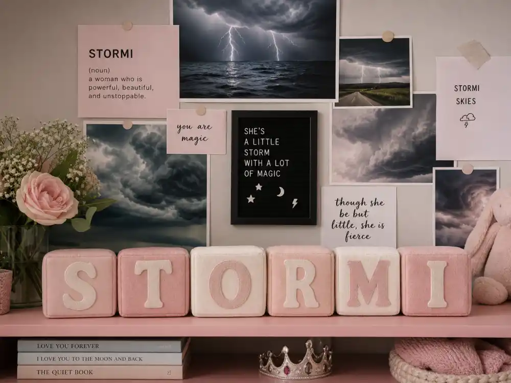 Storm weather mood board with STORMI letter blocks for Kylie Jenner kids names and ages name origin guide