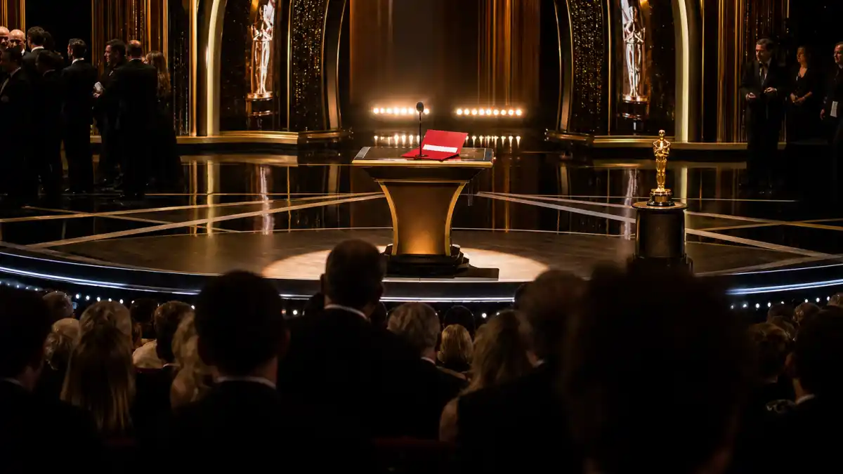 La La Land Moonlight best picture mistake — dramatic awards ceremony stage with red envelope on podium under golden spotlight