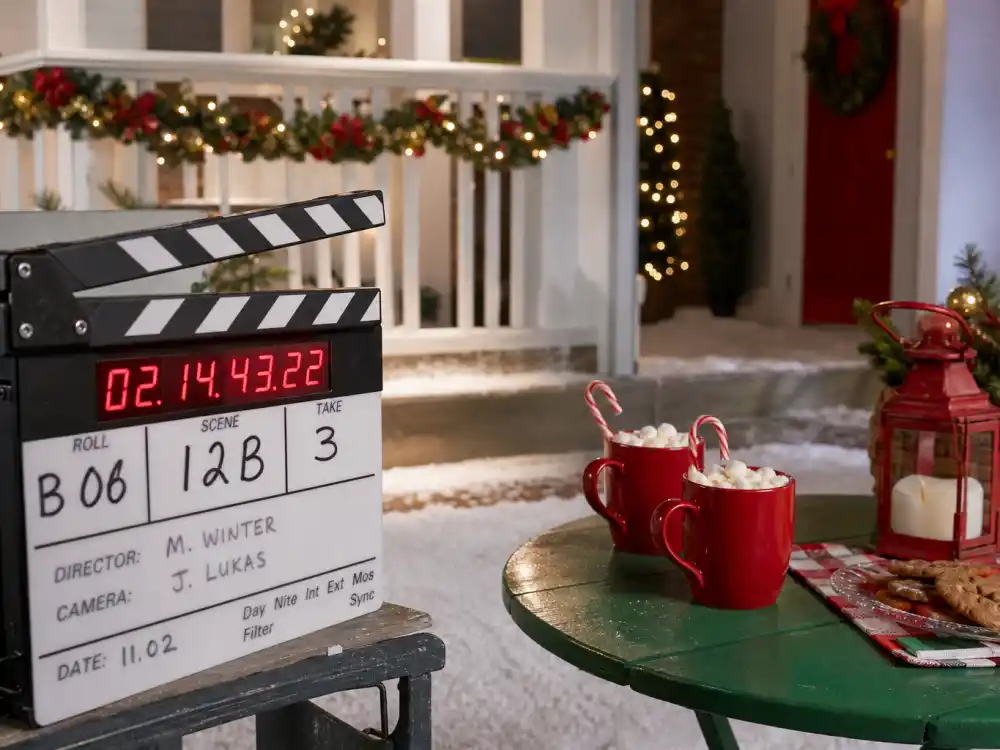 A Hallmark Christmas romance film set with fake snow on a cottage porch for Lacey Chabert Hallmark career