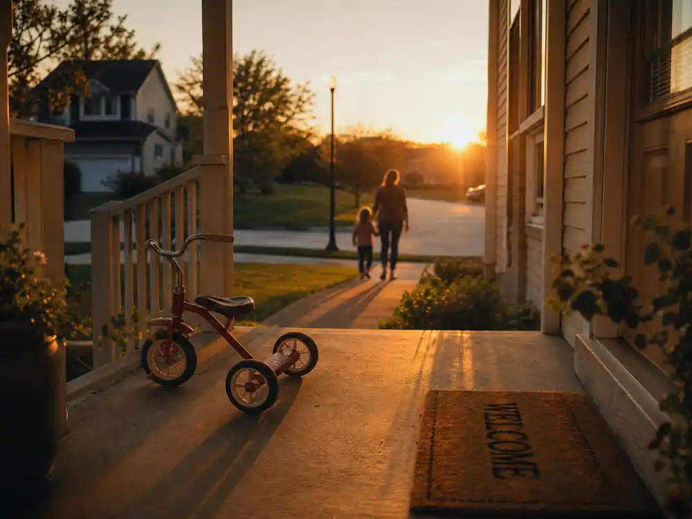 A suburban family home porch at sunset representing Lacey Chabert private marriage and motherhood