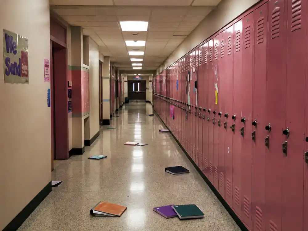 A high school hallway with pink lockers evoking Lacey Chabert Mean Girls role as Gretchen Wieners