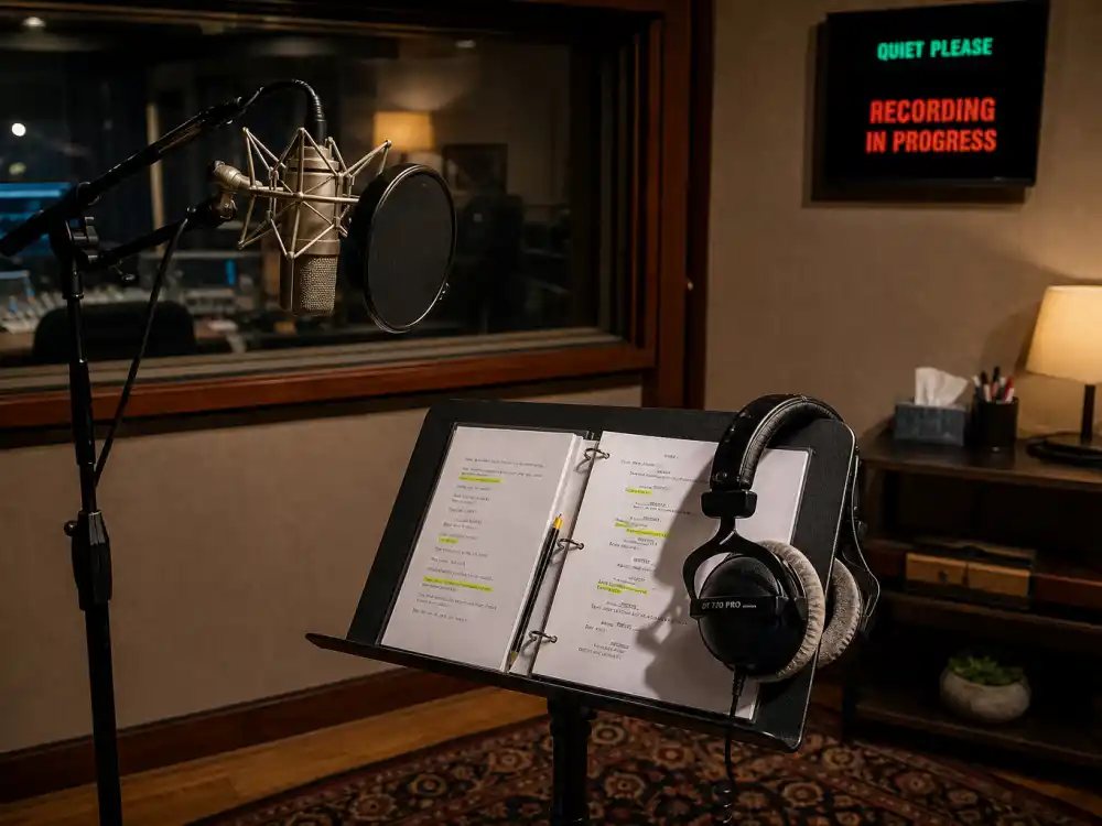 A voice-over recording studio with microphone and script pages for Lacey Chabert animation voice work