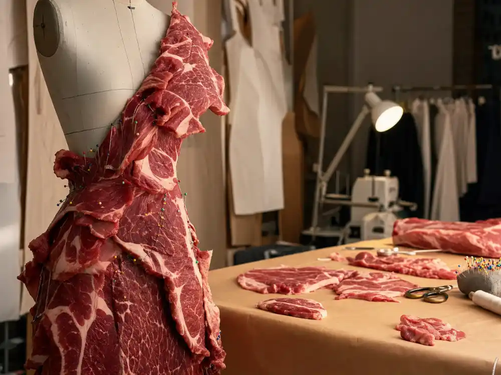 Fashion atelier studio with raw beef cuts and dress form showing how the Lady Gaga meat dress explained was built by hand