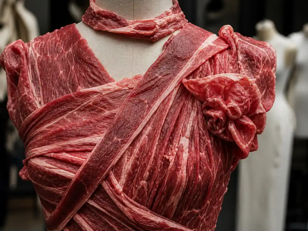 Layered raw beef slices draped like couture fabric central to the Lady Gaga meat dress explained construction and texture