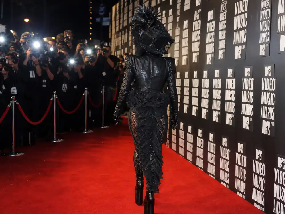 MTV Video Music Awards red carpet step-and-repeat backdrop where the Lady Gaga meat dress explained debuted in 2010