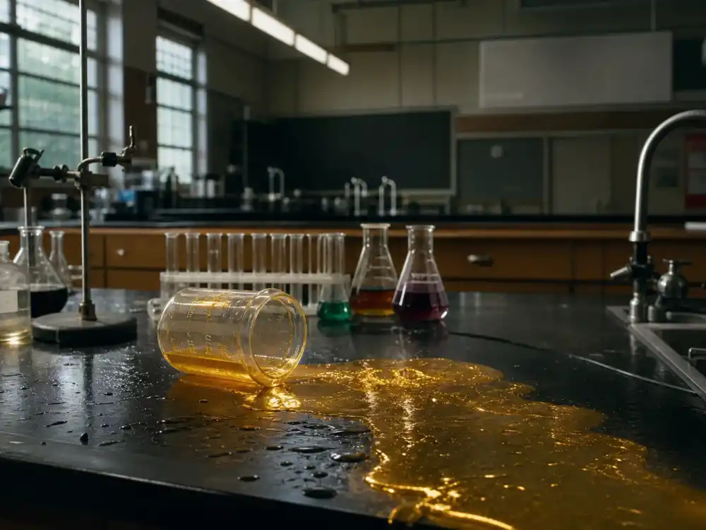A 1990s chemistry lab with spilled golden liquid evoking Larisa Oleynik as Alex Mack after the GC-161 accident