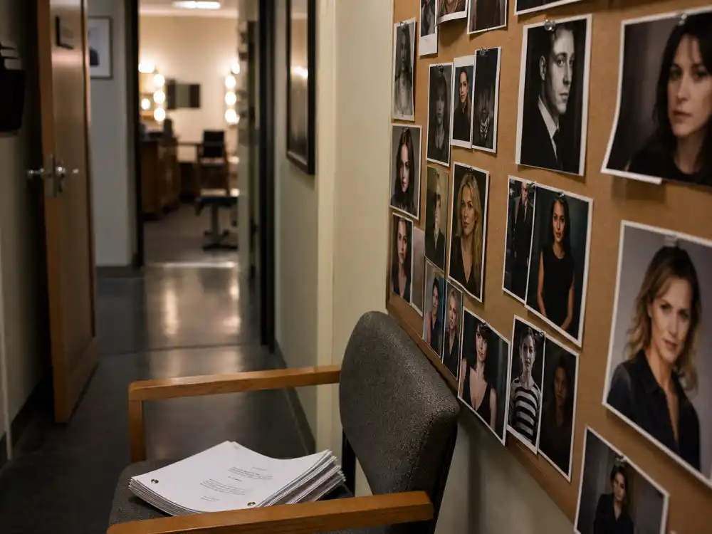 A TV drama casting office with headshots representing Larisa Oleynik steady guest-star career on Mad Men and prestige TV