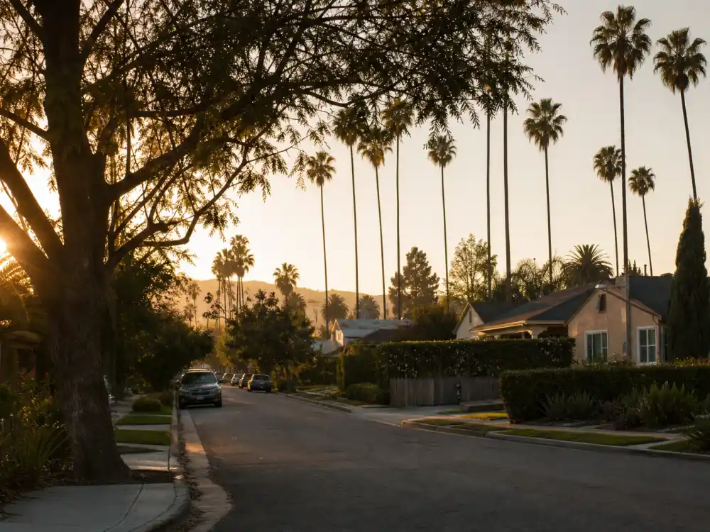 A quiet Los Angeles residential street at golden hour where Larisa Oleynik keeps a private low-profile life now