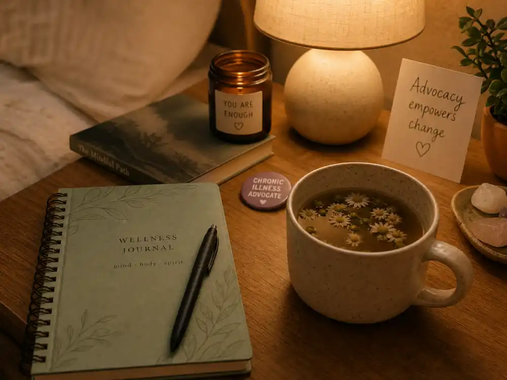 Wellness journal and tea for Lark Voorhies health advocacy around lupus and mental health awareness