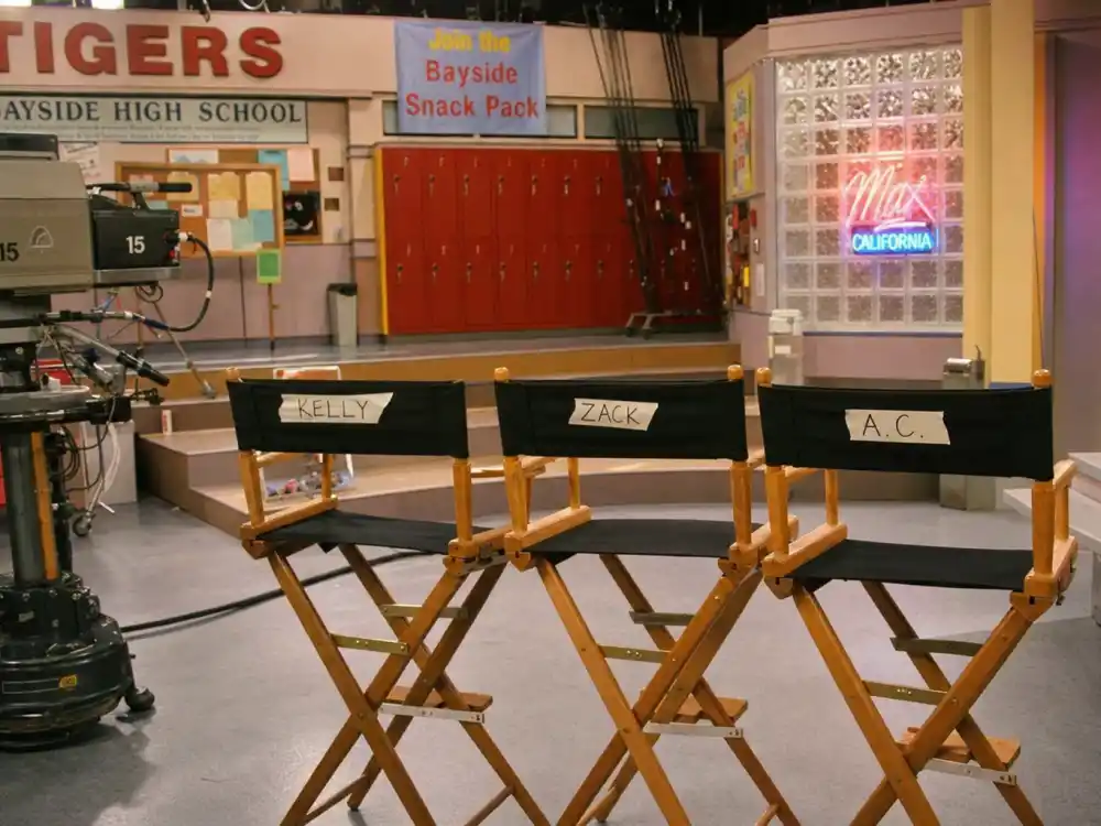 Empty sitcom director chairs on a TV studio set for Lark Voorhies Saved by the Bell fame as Lisa Turtle