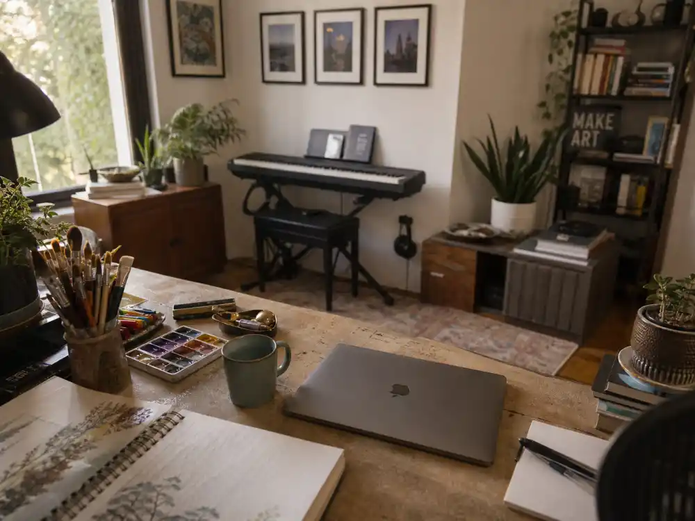 A private 2026 home studio with art and music gear for where Lark Voorhies is now after Hollywood headlines