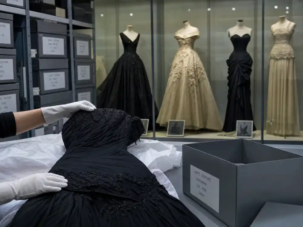 Fashion archive vault with vintage couture gowns on mannequins showing Law Roach styling Zendaya archival pull research and museum loan preparation context