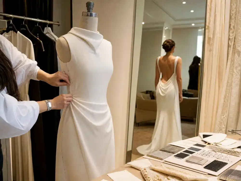 Stylist hands pinning white couture column gown on dress form during Law Roach styling Zendaya corset fitting and proportion calibration session