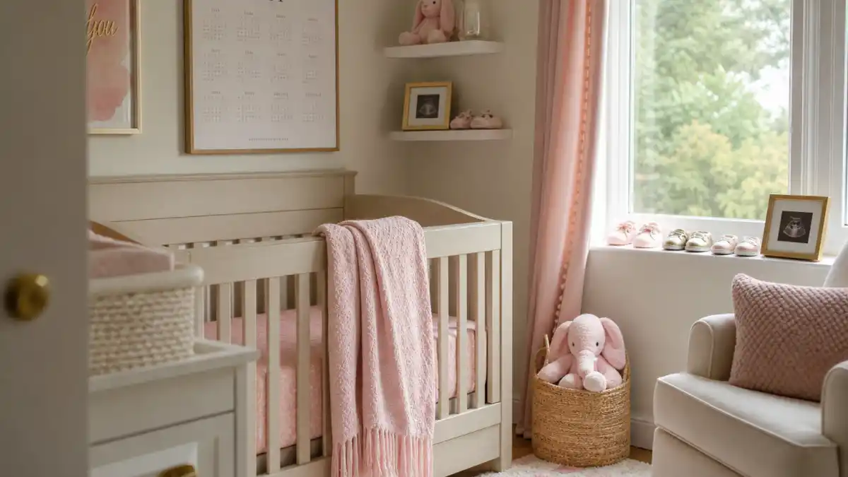 Lea Michele baby announcement second child nursery hub — cream crib with soft pink accents and natural window light in a celebrity-style home
