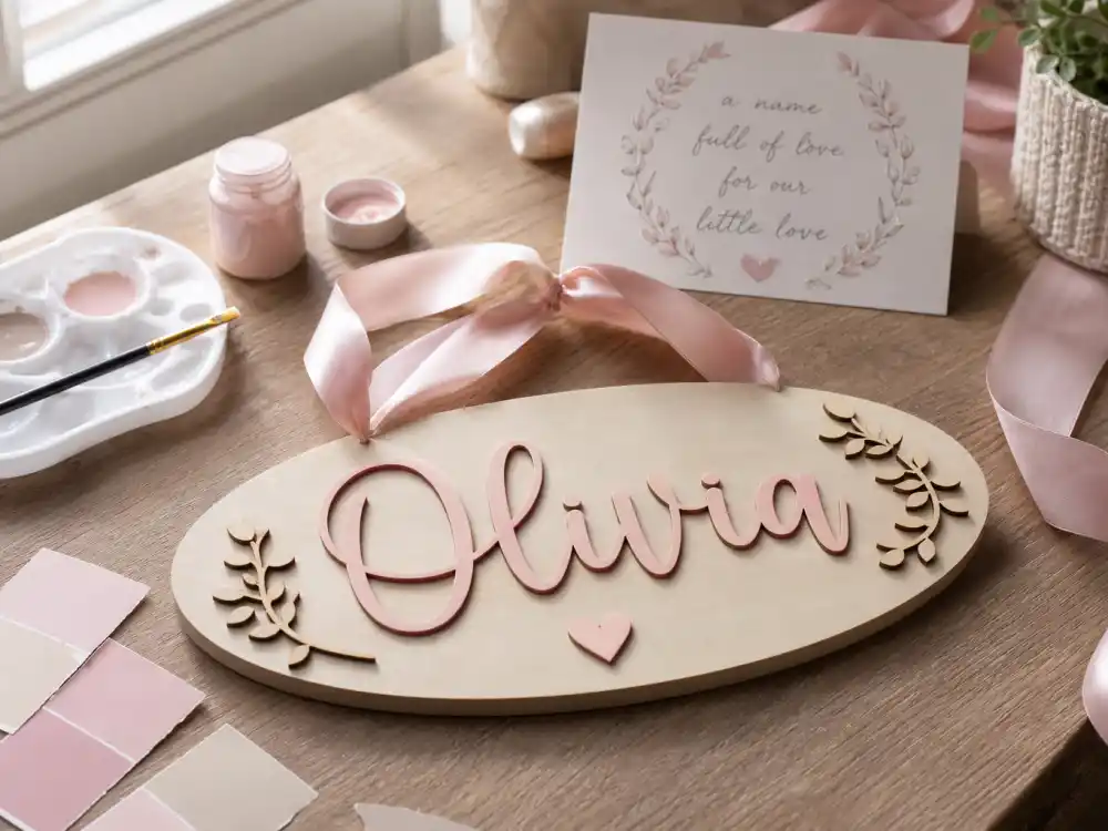 Nursery name plaque craft for Lea Michele baby announcement second child — Emery Sol Reich name shared in August 2024 birth caption
