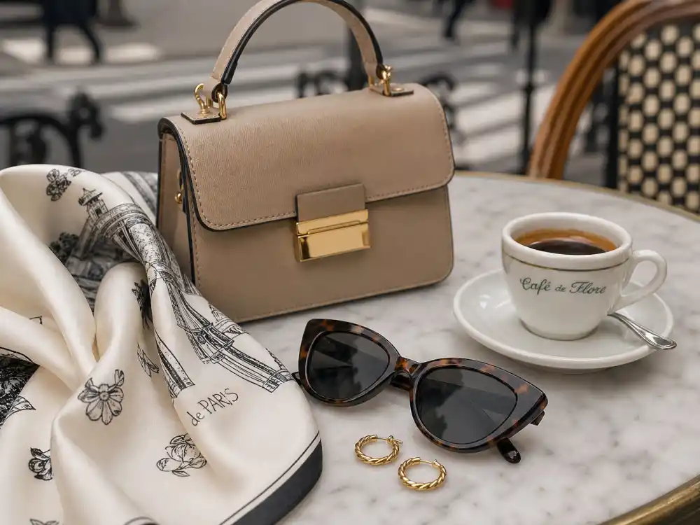 Silk scarf structured handbag gold hoops and cat-eye sunglasses finishing Lily Collins Paris street style accessory layer