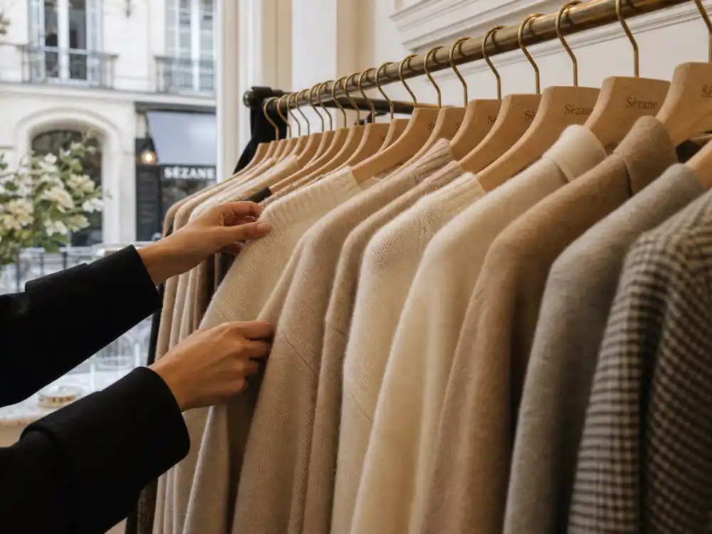 Paris boutique shopping racks behind Lily Collins Paris street style curated wardrobe philosophy