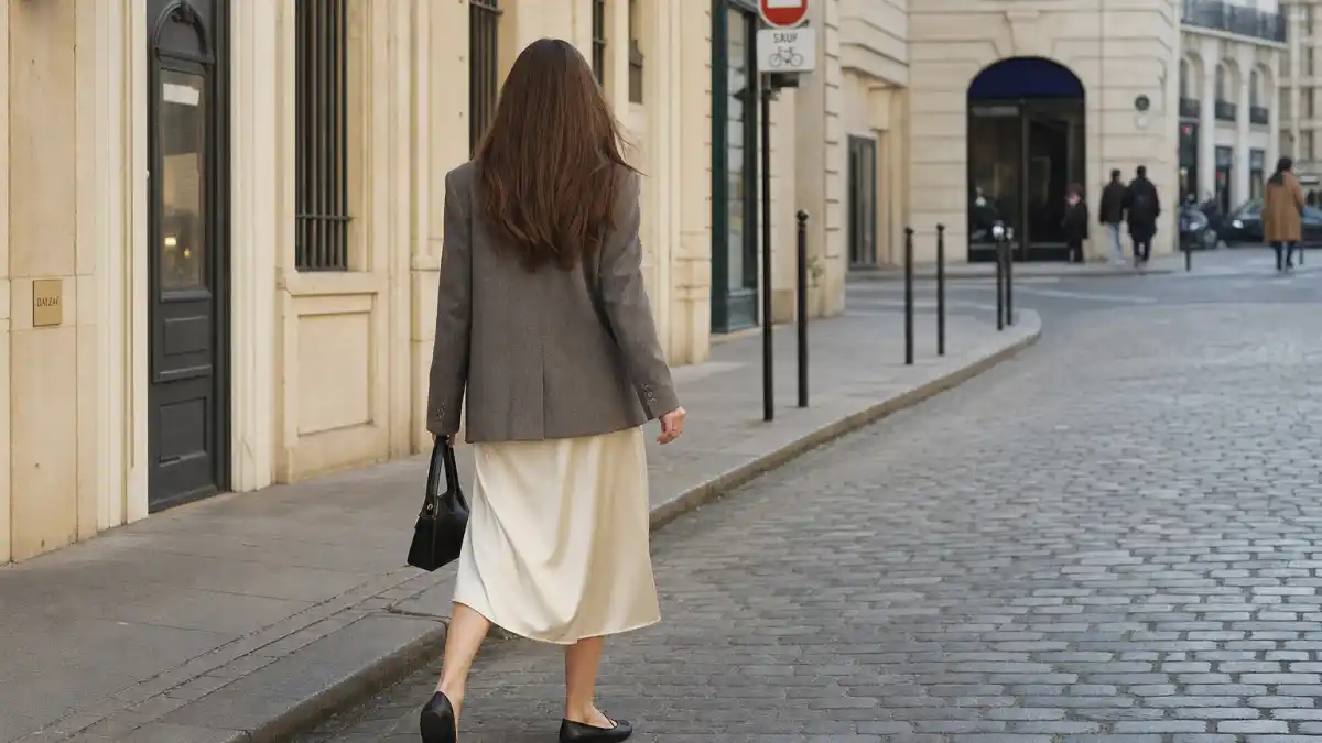 Lily Collins Paris street style — beige belted trench coat dark trousers and black loafers on Paris cobblestone boulevard seen from behind