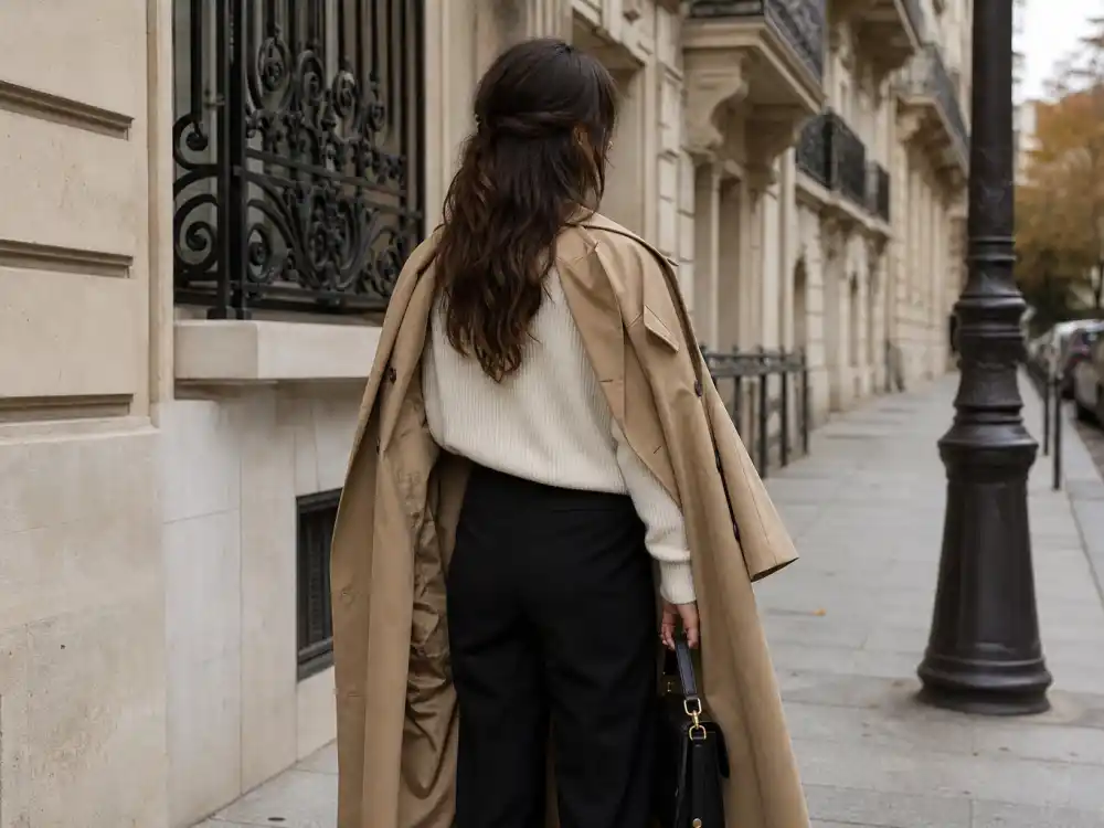 Camel trench coat over cream knit and tailored trousers central to Lily Collins Paris street style heritage layering