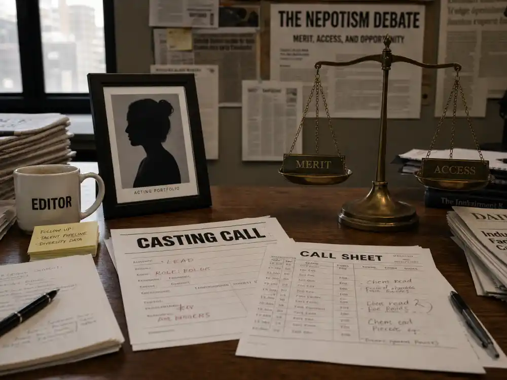 Access versus merit balance desk with acting headshot silhouette for Lily Rose Depp nepo baby acting roles balanced journalism editorial without identifiable faces