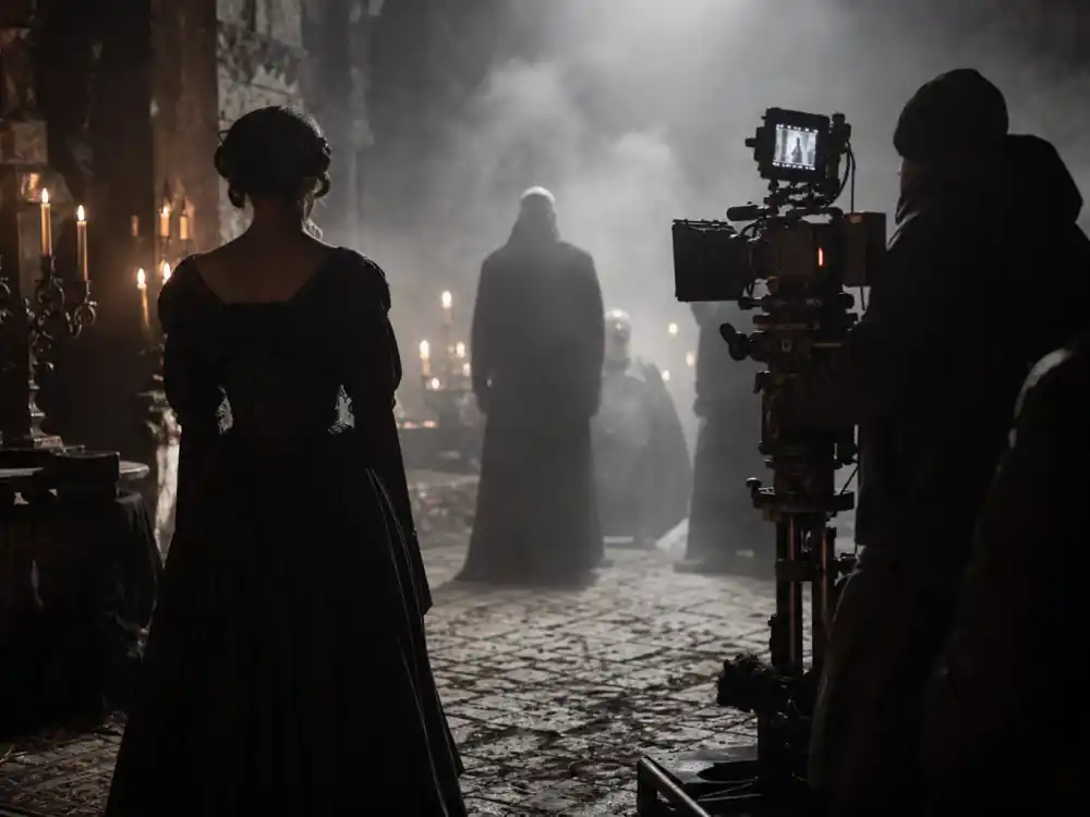 Gothic horror film set behind the scenes for Lily Rose Depp nepo baby acting roles Nosferatu period performance editorial without identifiable faces