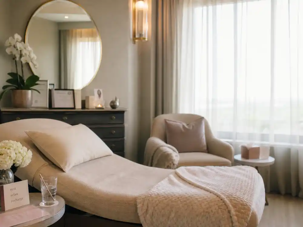 Calm wellness recovery room for where Linda Evangelista is now after CoolSculpting complications and healing