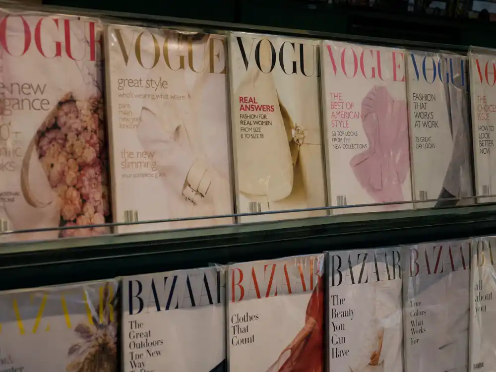 1990s fashion magazine newsstand evoking Linda Evangelista Vogue cover-girl supermodel reign