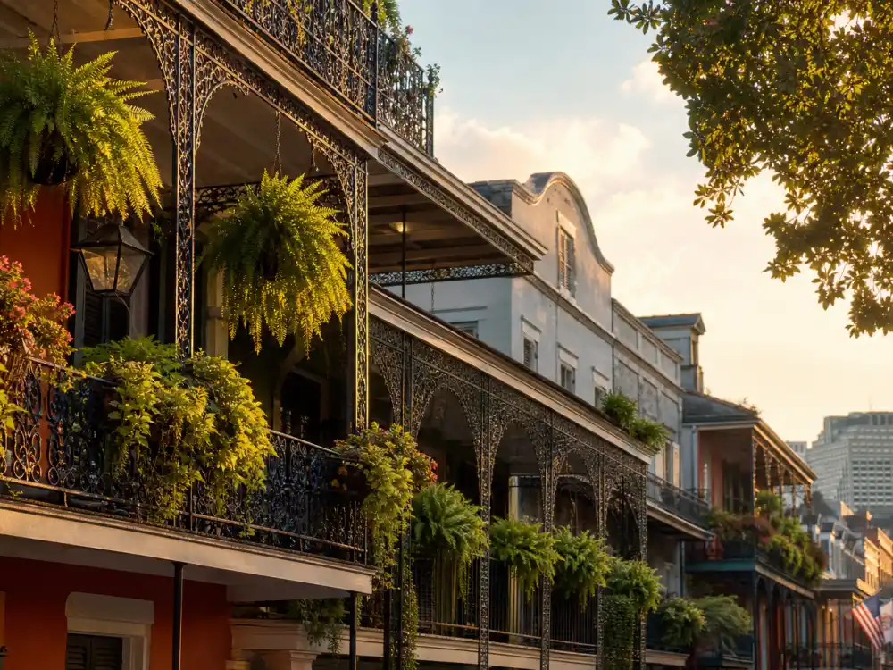 New Orleans French Quarter balcony at golden hour representing where Linda Hamilton lives now in 2026